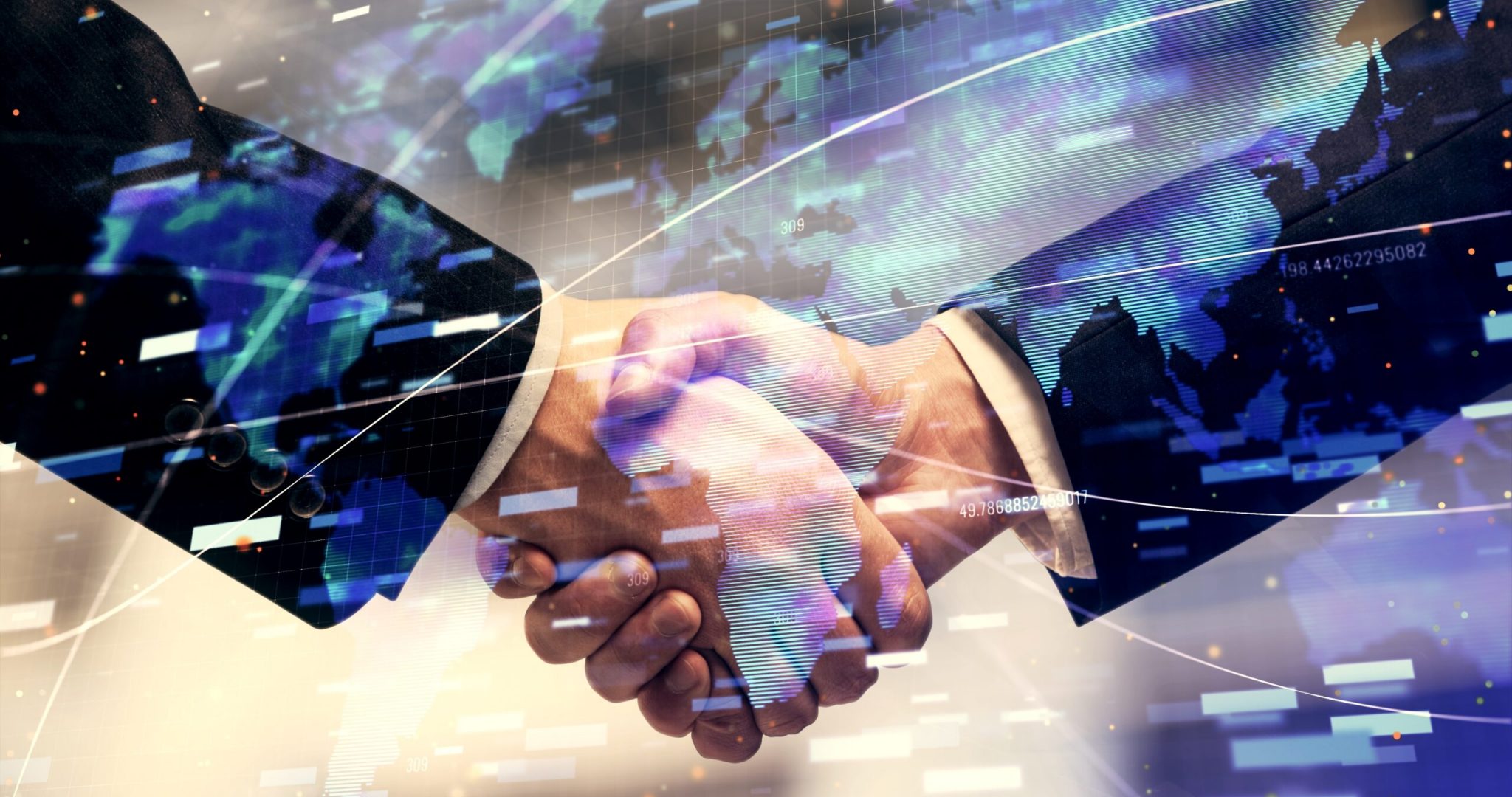 Double,Exposure,Of,Data,Theme,Hologram,And,Handshake,Of,Two
