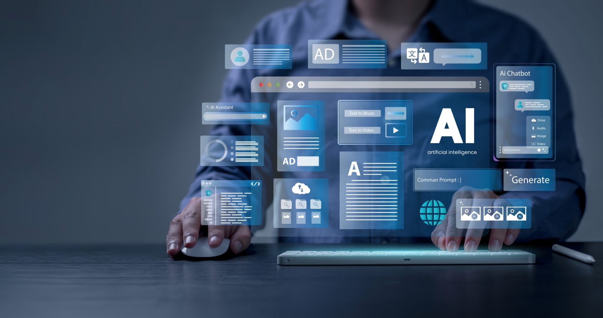 Artificial,Intelligence,Content,Generator.,Man,Uses,Laptop,To,Interact,With