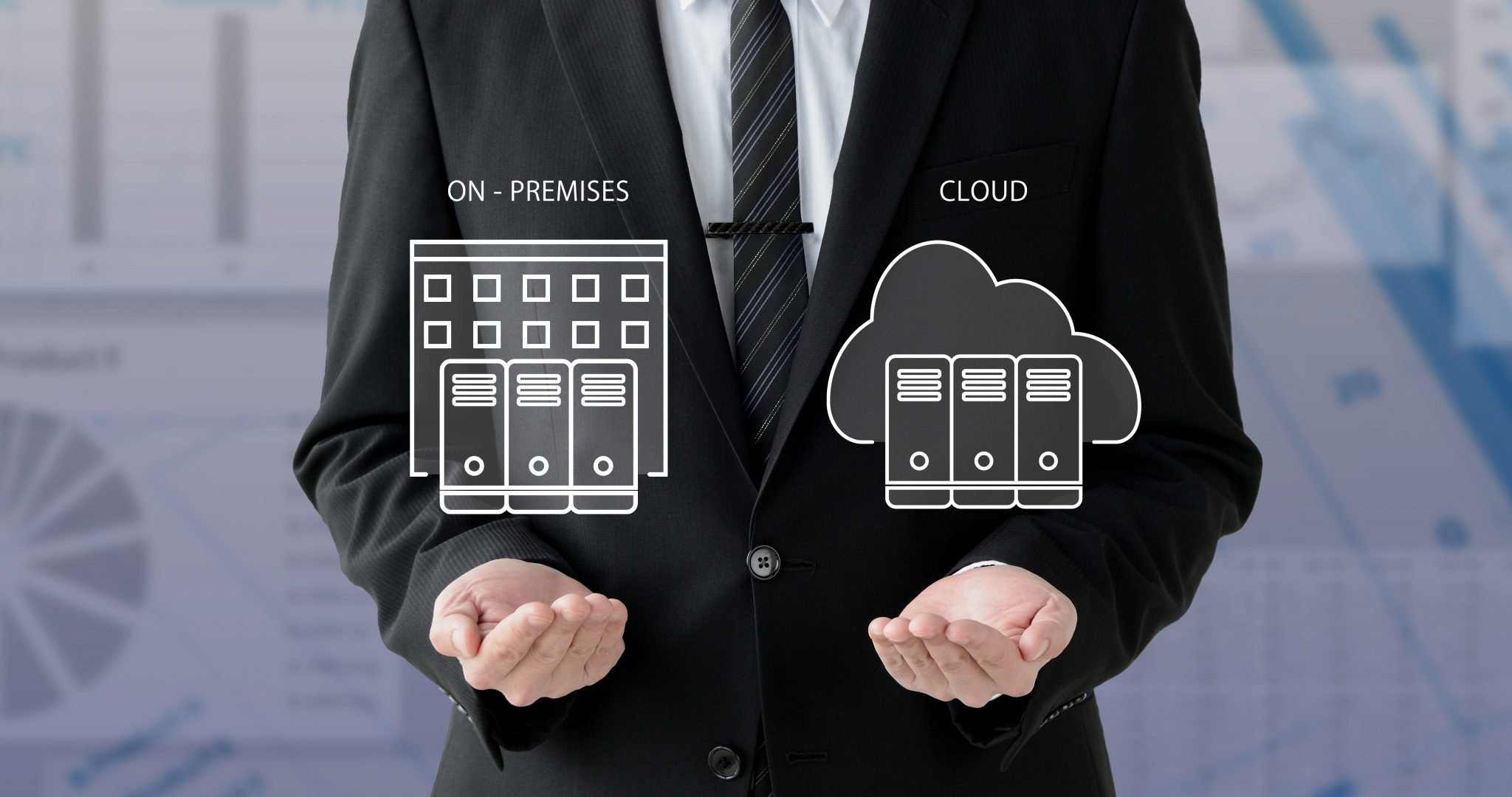 Businessman,Comparing,On-premises,And,Cloud