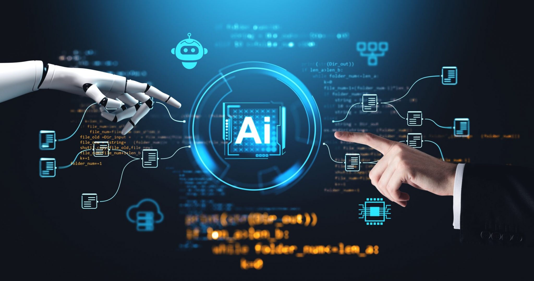 Robot,And,Human,Hands,Reaching,Toward,Ai,Hologram,On,Digital