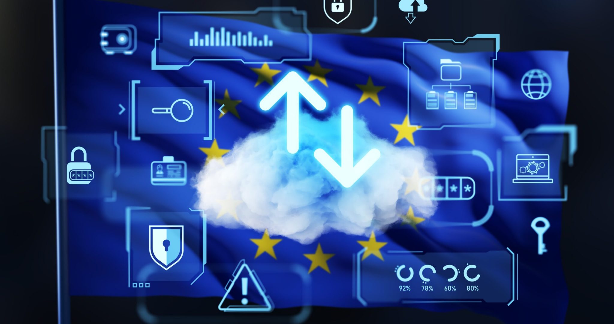 Cloud,Computing,And,Data,Transfer,Icons,Overlaid,On,Waving,European